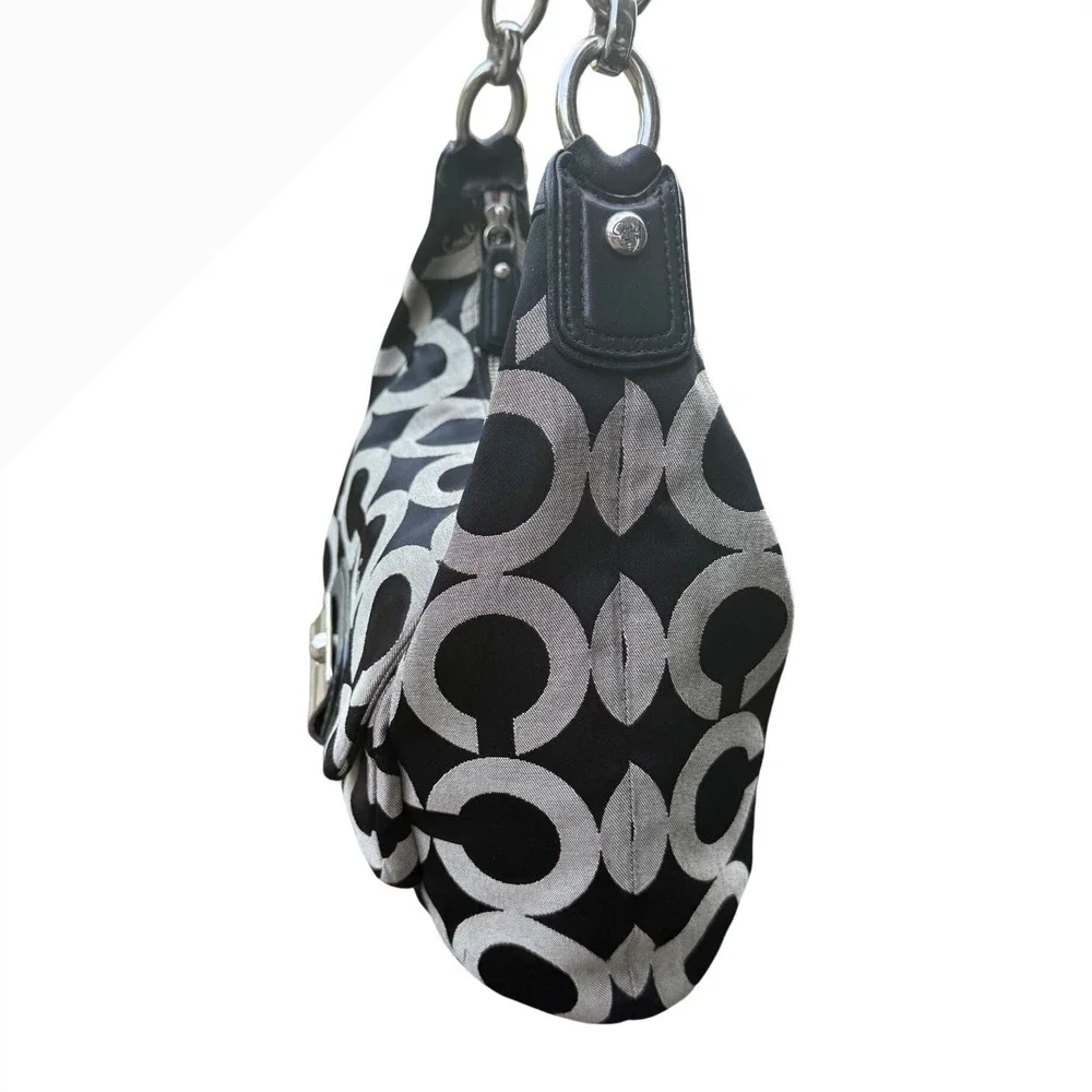COACH Kristin Op Art Sateen Hobo Bag, Black and Gray Monogram, Shoulder/Hand Bag